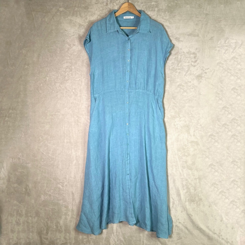 Brave + True Linen Maxi Dress XL Blue Pockets Cottagecore Coastal Resort Boho